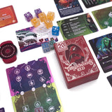 Card game components including cards, dice, and a box labeled 'Tangled Woods RED' on a white background.