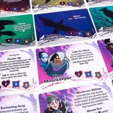 Collection of game cards featuring characters and text, with a focus on 'Raven Undefeated' and 'The Moonkeeper'.