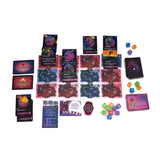 Collection of colorful cards and dice on a white background