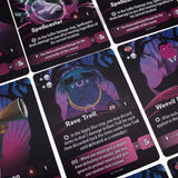 Collage of fantasy game cards featuring characters and text on a dark background