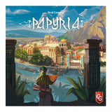 Board game box for 'Papyrus' with a scenic cityscape and character on a dock.