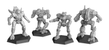 Four robot figurines on stands against a white background