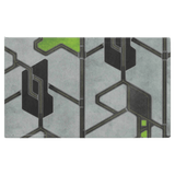 A rectangular abstract art print or tile featuring a geometric pattern of dark gray and black shapes on a textured light gray background with small bright green accents, centered on a solid dark green backdrop.
