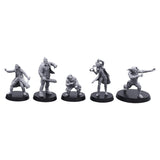 Five gray miniature figures on black bases against a white background