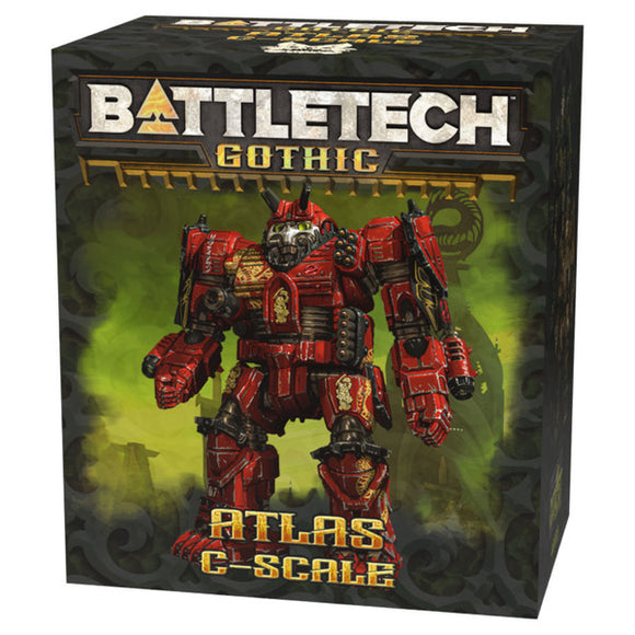 Battletech Gothic Atlas C-Scale toy figure packaging with a red and gold robot on a dark background.