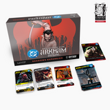 Arkham Asylum card game expansion packaging with cards displayed on a white background