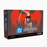 Arkham Asylum deck-building game expansion box with a character holding a sword on a red and black background.