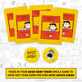 Set of card game cards with cartoon characters and text on a patterned background