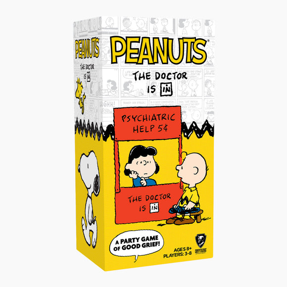 Peanuts-themed board game box with cartoon characters on a white background