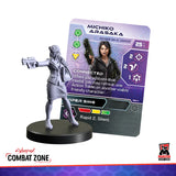 Figurine and card of Michiko Arasaka from Cyberpunk Combat Zone on a white background