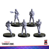 Set of six gray figurines on black bases with 'Cyberpunk Combat Zone' branding.