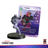 Figurine with a card featuring 'Tabby' from Cyberpunk Combat Zone on a white background