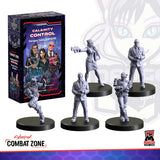 Set of figurines from 'Calamity Control' with packaging and 'Cyberpunk Combat Zone' branding.