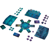 Collection of blue and purple game components on a white background