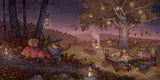 Illustration of a festive outdoor gathering with people, lanterns, and trees in a village setting.