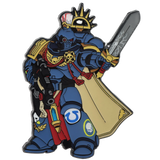 spacemarine in blue armor, red accents, and a sword on a white background