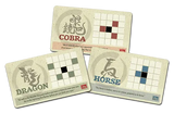 Three game cards featuring symbols and text on a white background