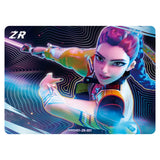 Character card with a stylized character in colorful attire on a blue and purple abstract background