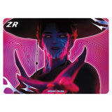 card with a futuristic design featuring a character with glowing eyes and pink and purple patterns.