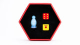 Two dice, one yellow and one red with yellow dots, inside a hexagonal red box on a white background.