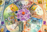 Close-up of a board game with colorful tiles and a central round piece.