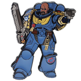 Spacemarine in blue armor holding weapons on a white background