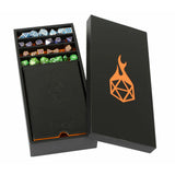 Black dice box with orange logo containing multicolored dice