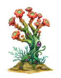 Colorful coral-like creature with flowers on a white background