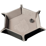 Dice tray with embossed design and dice on a white background