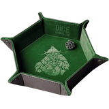 Green dice tray with Dice Goblin branding and a engraved design on a white background