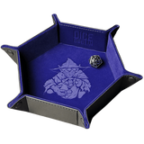 Blue dice tray with a engraved design and a die on a white background