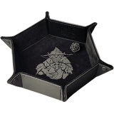 Black dice tray with a character design and Dice Goblin logo on a white background