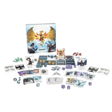 Board game components including cards, dice, and a box on a white background