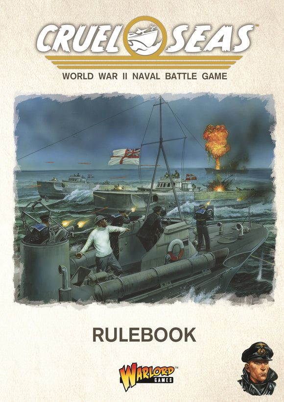 Cover of 'Cruel Seas' naval battle game rulebook with illustration of naval scene.