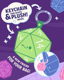 Promotional graphic for a green polyhedral die keychain and plush toy on a purple background with text about keychains and plushies.