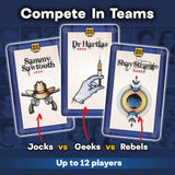 Three playing cards with characters labeled 'Jocks', 'Geeks', and 'Rebels' on a blue background.
