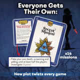 Card game packaging with 'Secret Mission' design and text on a dark background