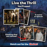 Promotional graphic for a themed game with text and images of people in costumes and settings.