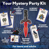 Mystery party kit with cards, dagger, and pouch on a dark background