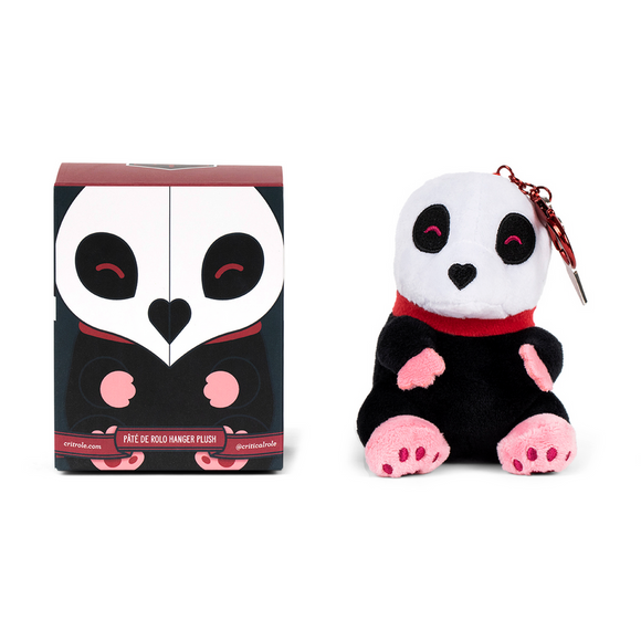 Plush panda toy with a keychain and packaging on a white background