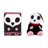 Plush panda toy with a keychain and packaging on a white background