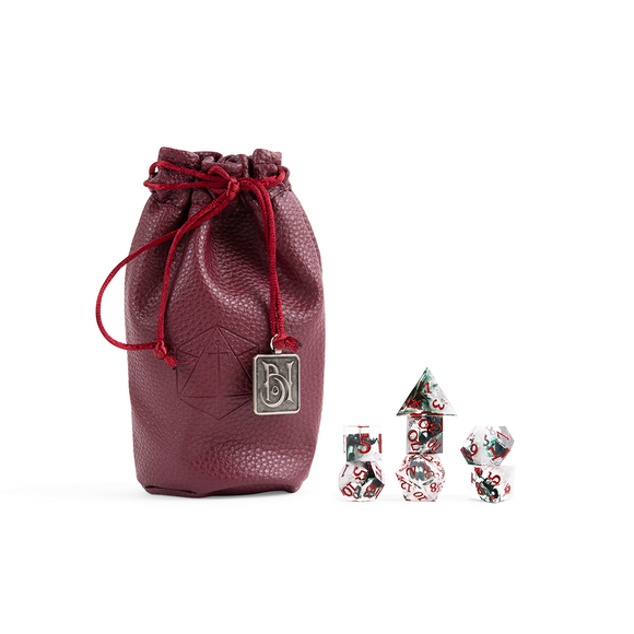 Red drawstring bag with a logo, accompanied by colorful dice on a white background