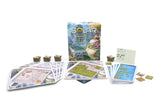 Board game set with cards and pieces on a white background