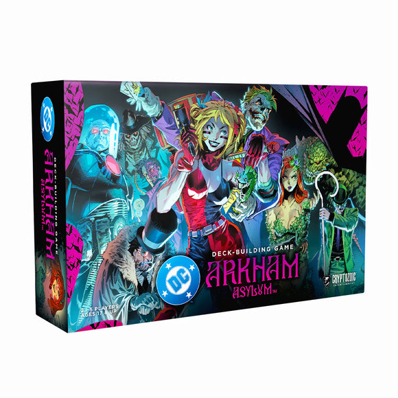 Arkham Asylum deck-building game box with colorful characters on a white background
