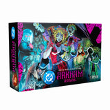 Arkham Asylum deck-building game box with colorful characters on a white background