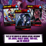 Three superhero cards featuring characters from Arkham Asylum on a dark background with promotional text.