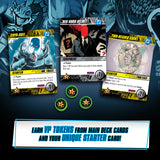 Card game components including cards and tokens on a dark background with superhero-themed artwork.