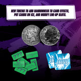 Tokens and cards with text on a purple background