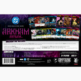 Back cover of Arkham Asylum deck-building game packaging with character images and branding.