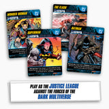 Superhero trading cards featuring Wonder Woman, Superman, The Flash, and Batman on a white background with promotional text.